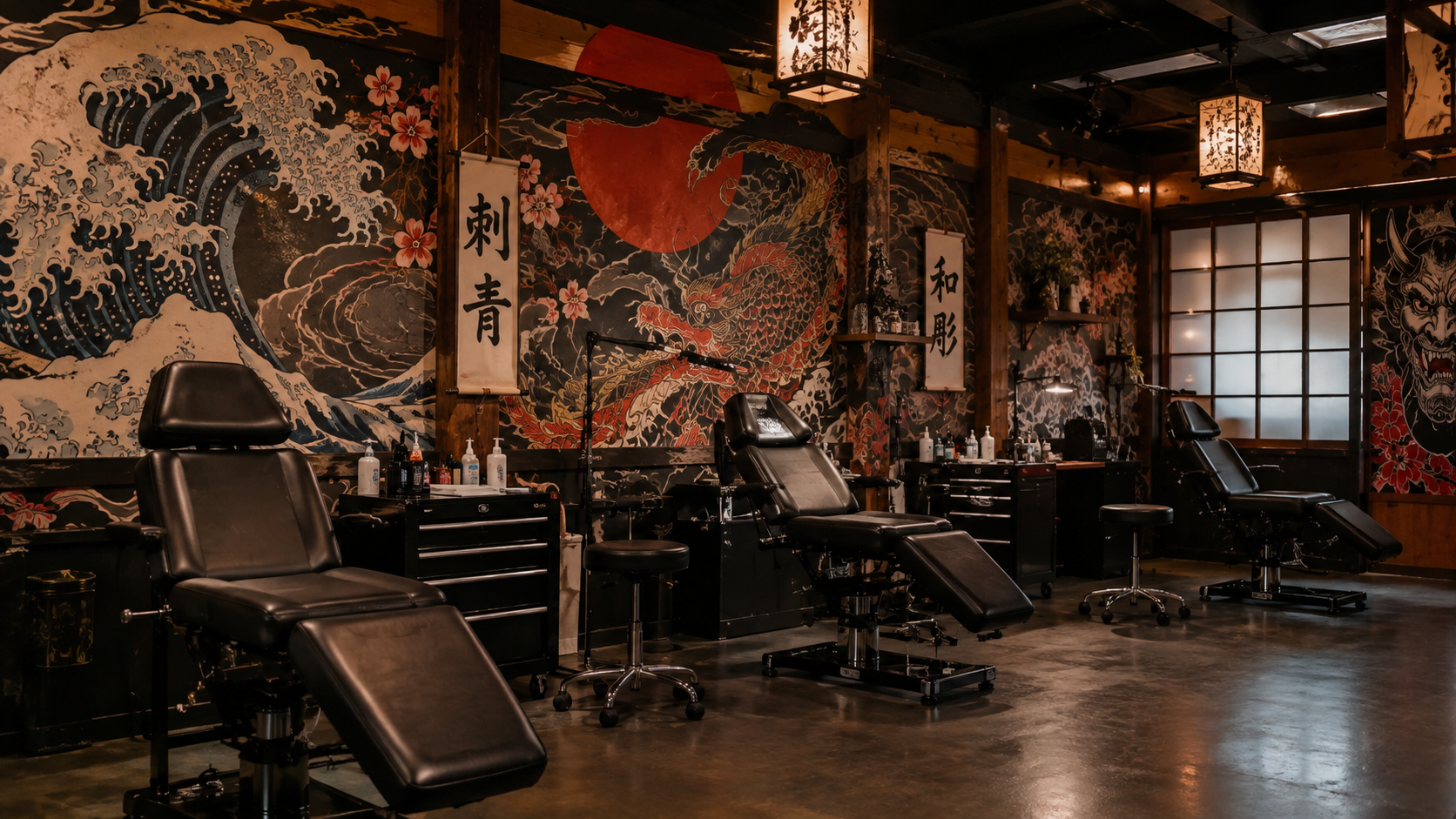 Interior del estudio KOINOBORI con cabinas de tatuaje
